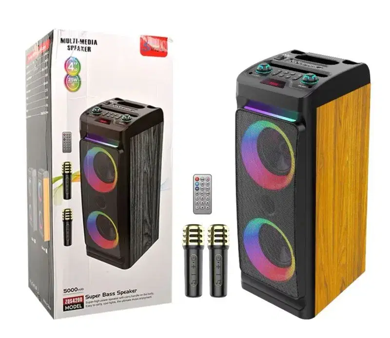 SING ZQS4280 portable karaoke speaker system with a wood grain finish and RGB LED party lights.