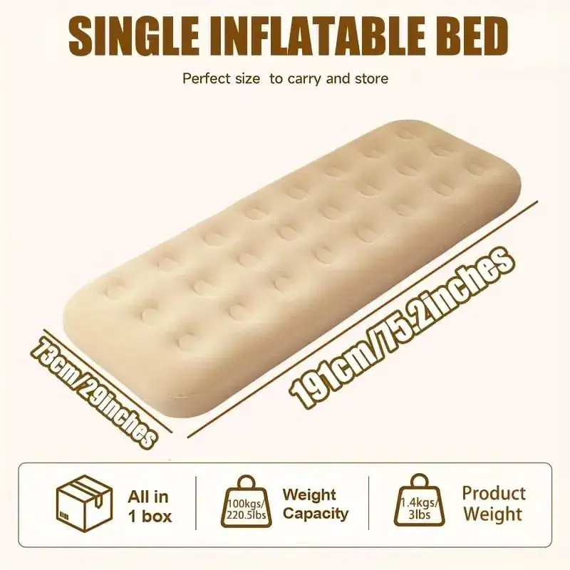 Single inflatable air mattress is a portable sleep solution ideal for camping or overnight guest