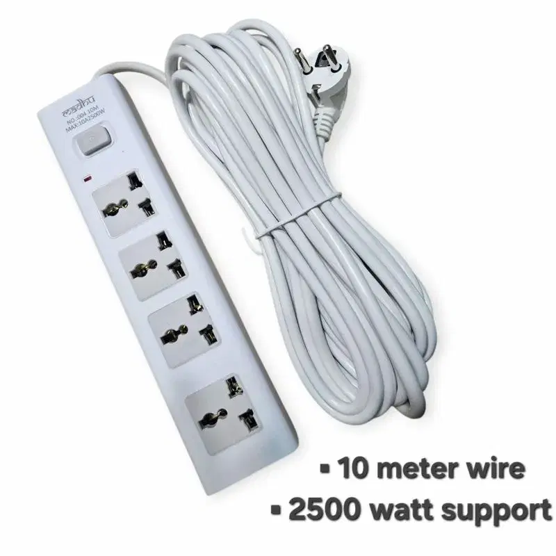 Madhu 004-10M 4-Port Extension Multiplug with 7m Cable, Single Switch, 2500W 10A, Fire-Resistant Design, LED Indicator.