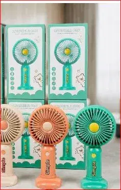 portable mini handheld fans with rechargeable batteries and detachable stands.