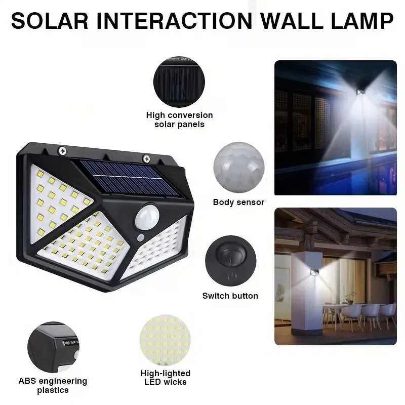 100 LED Motion Sensor Light, Solar-Powered, for Outdoor Use, Smart Light Sensing, Brightness Can Be Automatically Adjusted, Four-Sided Glowing Wall-Mounted Motion Sensor Light for Gardens