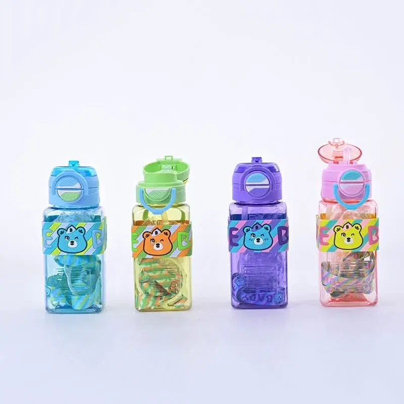 plastic cartoon kids' water bottle, often referred to as a straw cup for children, featuring a bear design and a carrying strap.