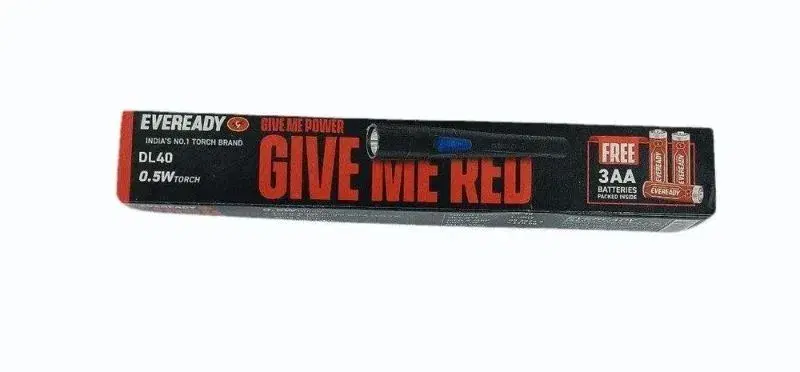 Eveready DL42 LED torch light, which comes packaged with two AA batteries.