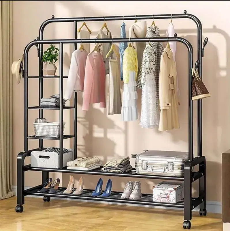 Double Rails Garment Rack with 4 Tier Storage Shelves and 4 Hooks Coat Rack and Clothe Hanger Stand with Wheels Full Body Metal