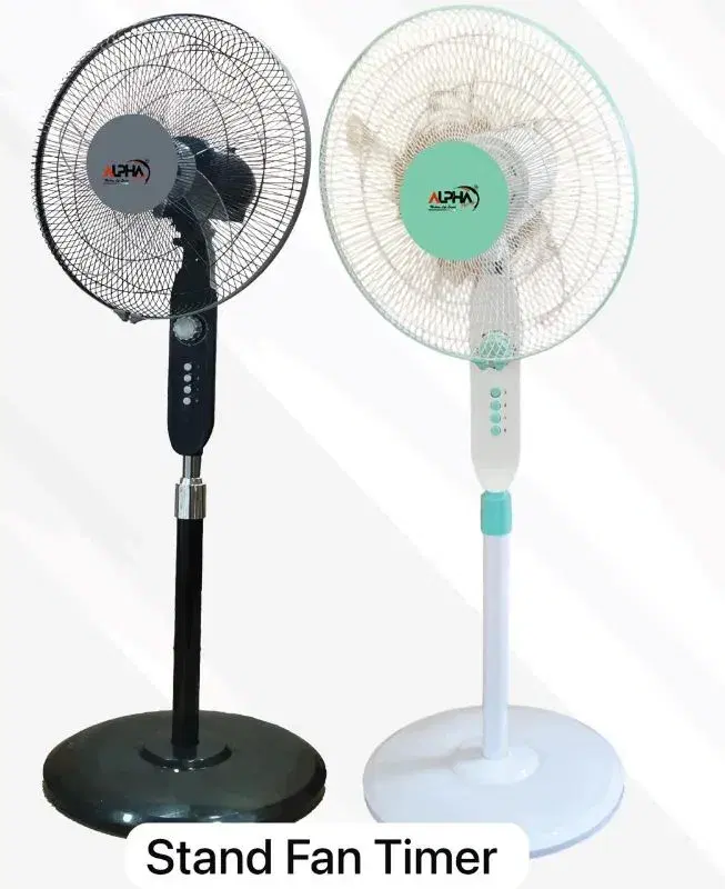 ALPHA brand stand fans, featuring adjustable height and a built-in timer functionality.