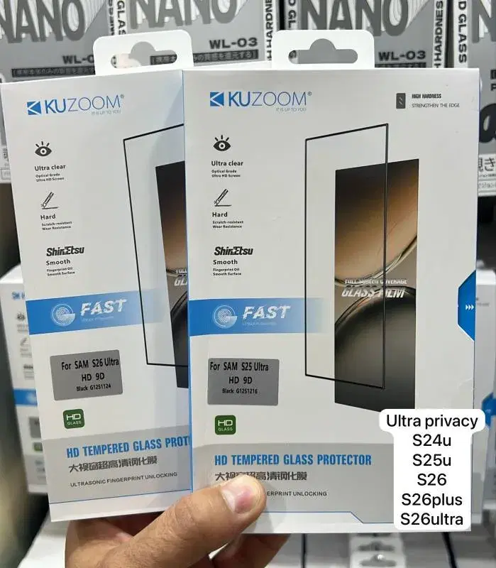 Kuzoom brand screen protectors designed for the Samsung Galaxy S26 Ultra and S25 Ultra models.