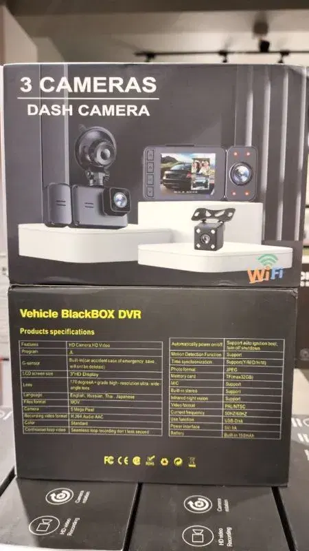 3-lens dash camera system 32gb designed to record the front, interior, and rear views of a vehicle simultaneously.