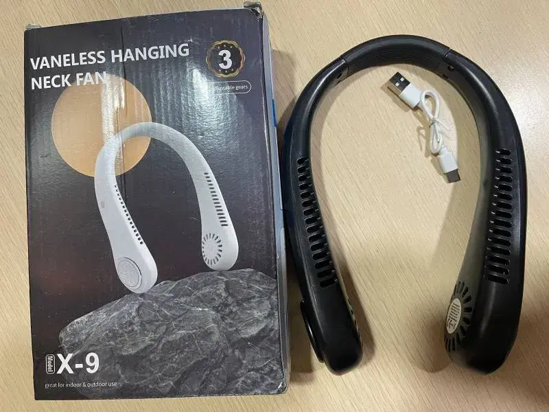 portable, rechargeable, vaneless hanging neck fan.