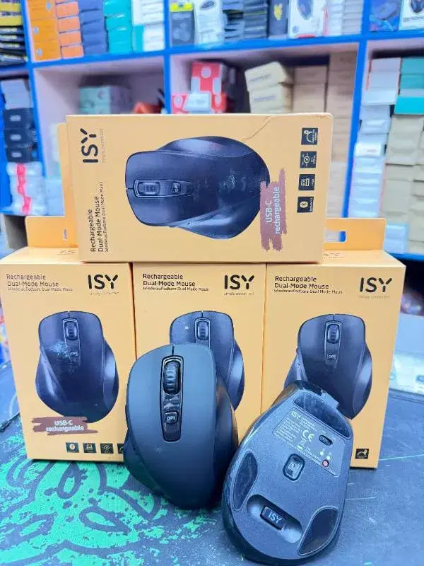ISY Rechargeable Dual-Mode Mouse, a black computer mouse designed for wireless connectivity.