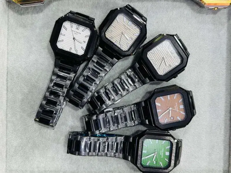 luxury wristwatches appear to be Patek Philippe-style timepieces featuring square cases and stainless steel bands.
