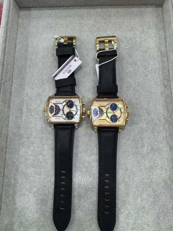 Bestwin luxury oversized rectangular watches featuring dual time displays, multiple subdials, and leather straps.
