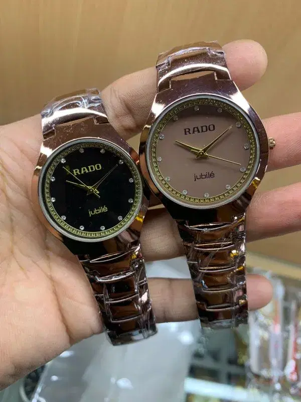rose gold-toned watches are Rado Jubilé timepieces with metal straps and diamond indices