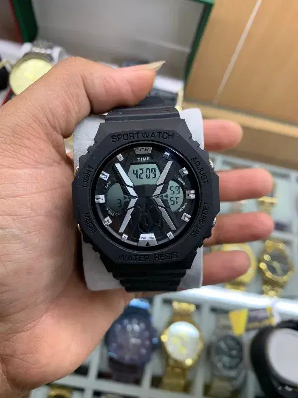Black Analog Digital Resin Strap Watch For Men