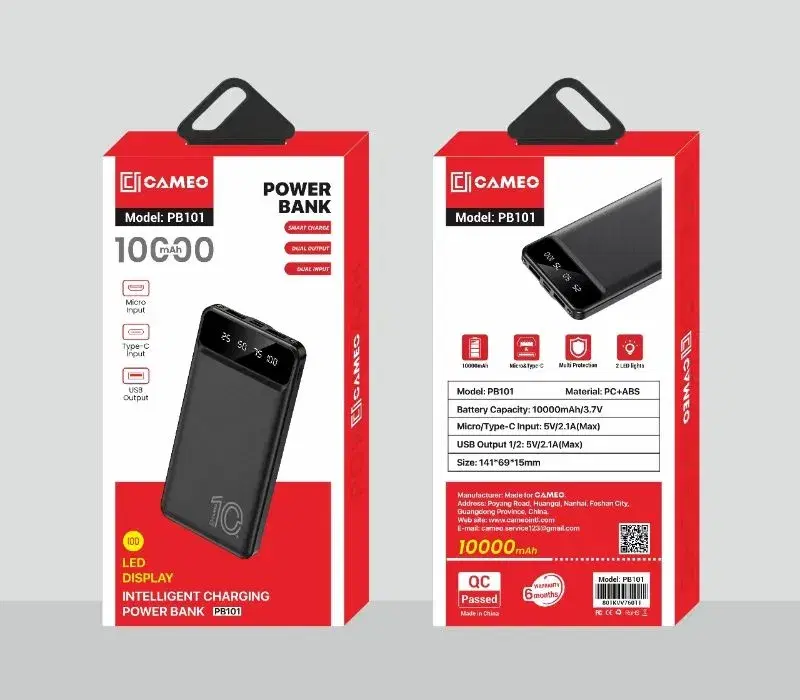 Cameo PB101 10000 mAh Slim Powerbank with LED Torch Charging Type C and Micro USB Input Ports