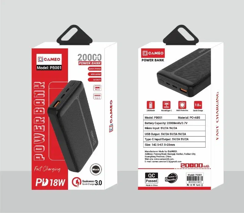 Cameo PB001 20000 mAh 18W Fast Charging Powerbank Type C Fast Charging Port Dual Output Charging with Led indicators