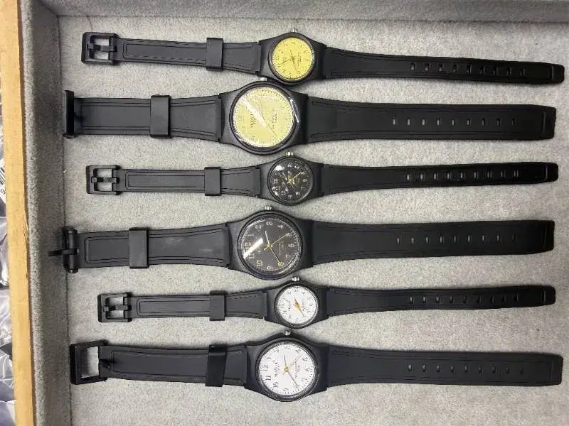 various wristwatches, including models similar to the Casio