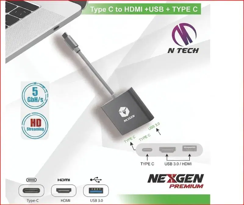 Nexgen Type C to HDMI+USB3.0+Power Delivery - 0.25m