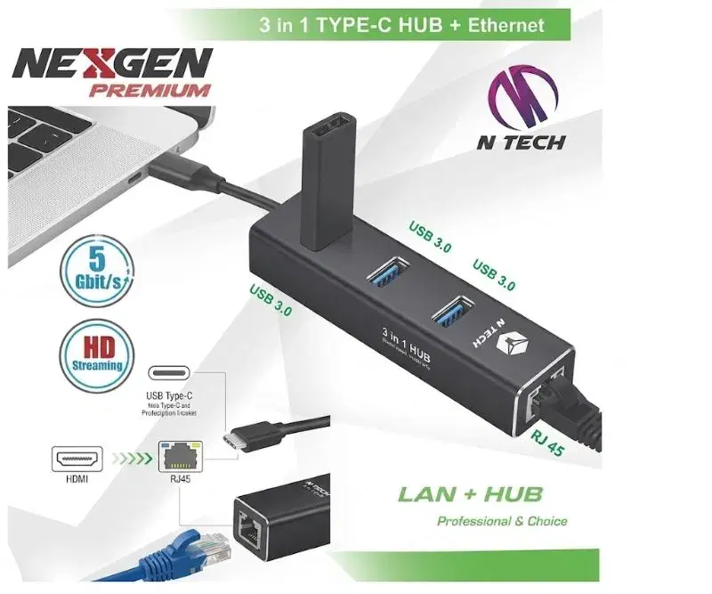 Nexgen Type C to USB 3.0 to 3 port +100 Mbps Lan hub - 0.25m
