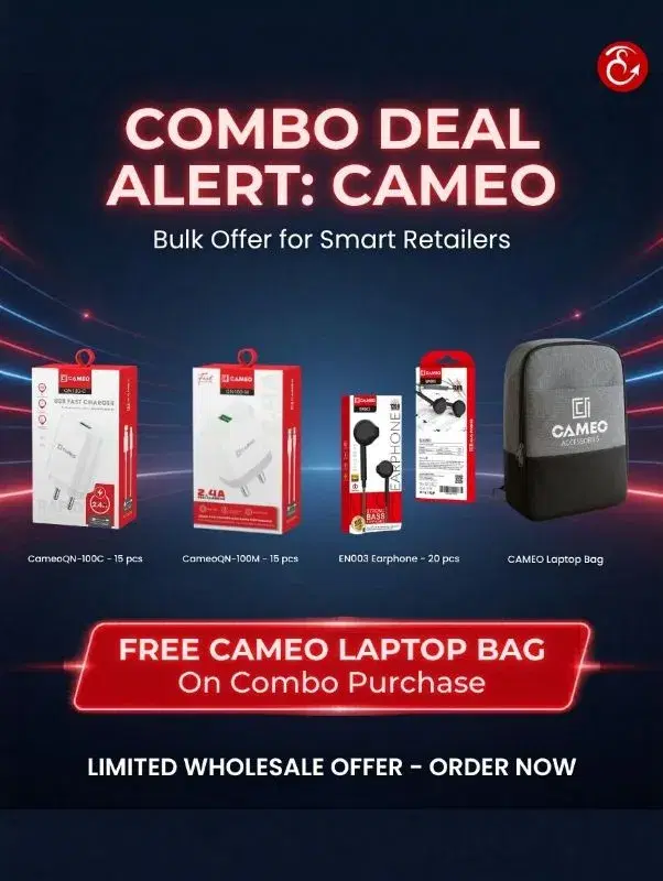 Cameo Combo - Set of 15 pcs Qn100-C Charger, 15 pcs of Qn100-B Charger, 20 pcs of EN-003 Earphone , Get One Cameo LAPTOP Bag FREE
