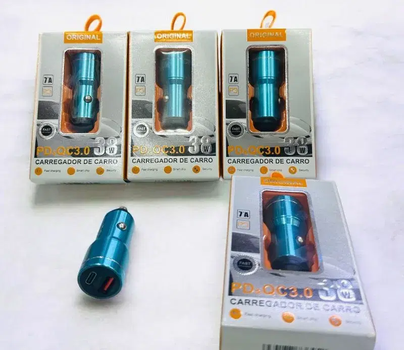blue PD/QC3.0 38W Car Charger designed for fast charging mobile devices while driving.