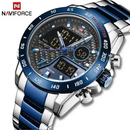 NF9171 Luxury Men’s Watch – Dual Display Digital-Analog Sport Quartz, Stainless Steel Band, 3ATM Waterproof Military Wristwatch