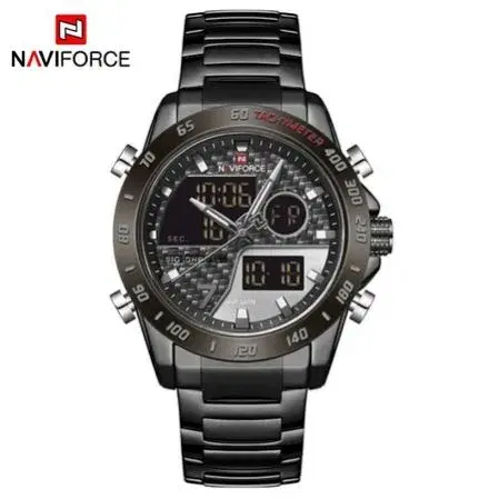 NF9171 Luxury Black Military Watch for Men – Dual Time Digital-Analog Stainless Steel Waterproof Sports Watch