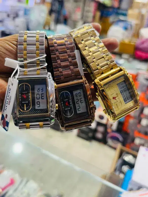 Bestwin stainless steel rectangle analog-digital men's watches are available in silver, brown, and gold colors.
