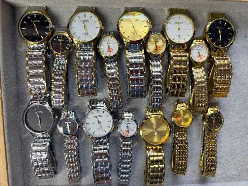 Rado wristwatches in silver, gold, and two-tone metal finishes with different colored dials.