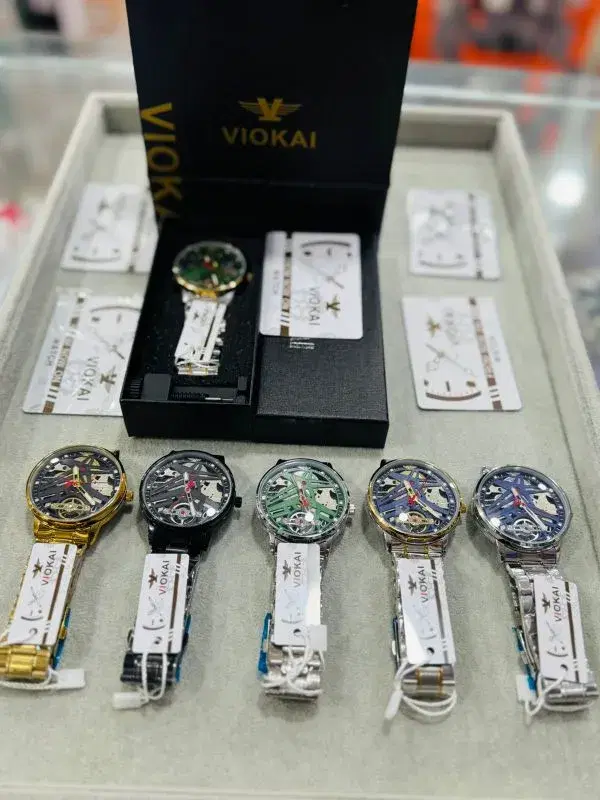 Viokai branded wristwatches, which are mechanical-style timepieces often sold as affordable fashion accessories.