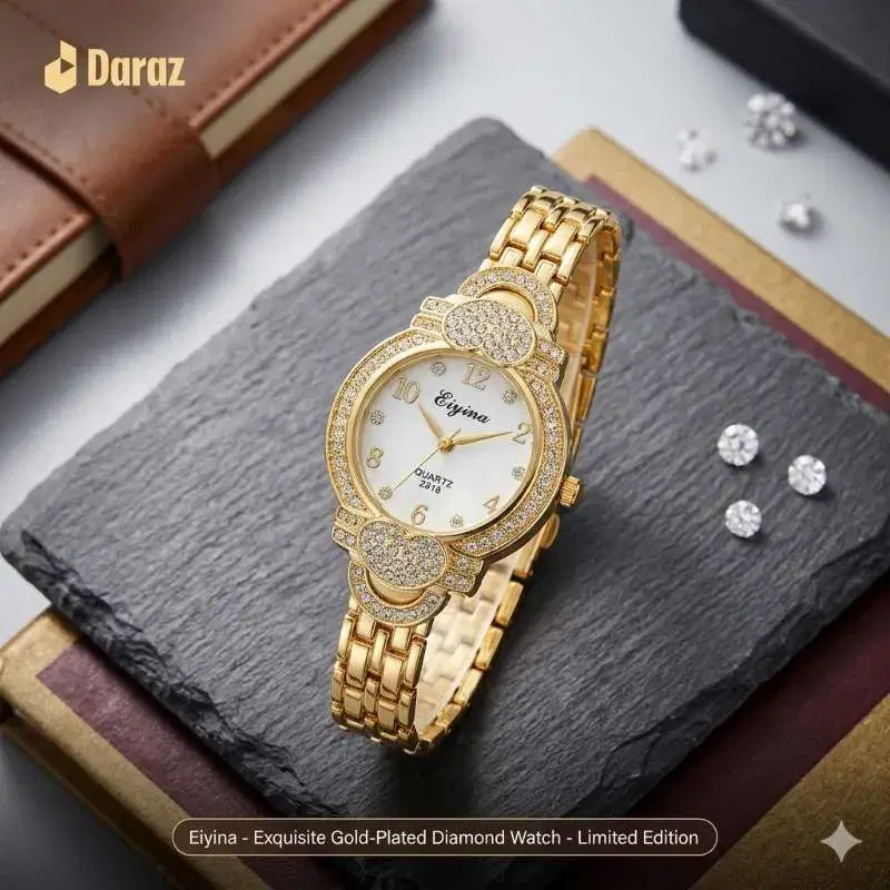 Eiyina Exquisite Stainless Steel White & Golden Dial Gold-Plated Diamond Watch for Women