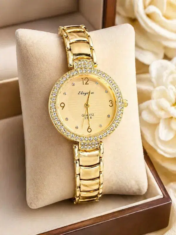Stainless Steel Luxury Gold-Plated Stone Curved Gold Bangol And White Dail Watch For Women