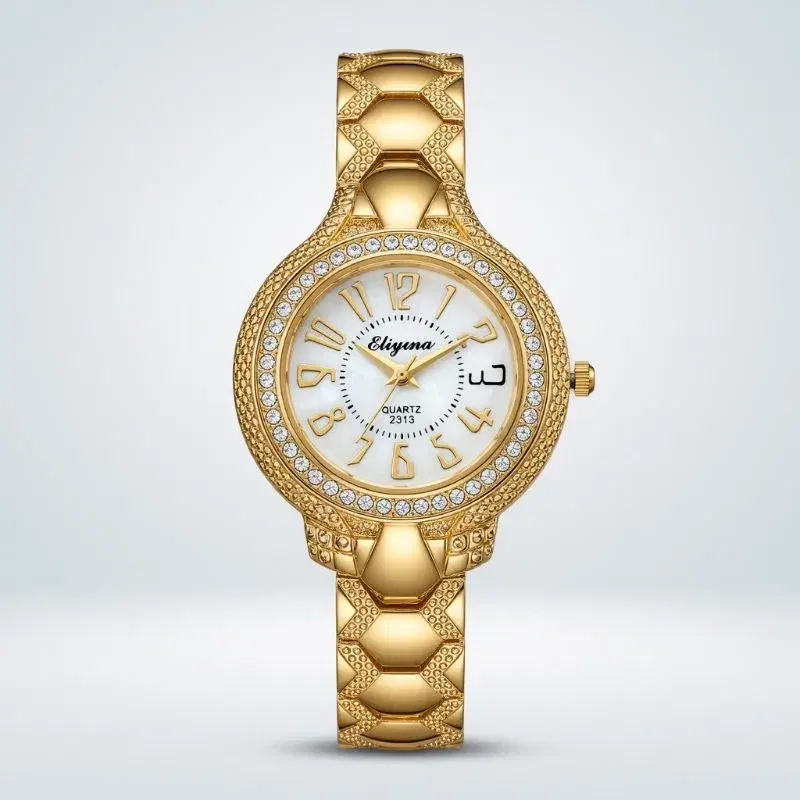 Luxury Gold Chain Golden & White Dial Watch for Women - Stone Dial - Waterproof - Premium Quality Ladies Watch