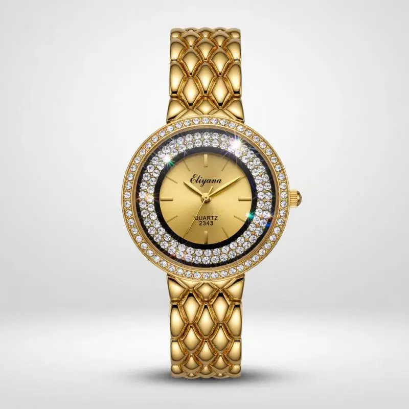 Luxury Gold Watch for Women - Double Crystal Row Bezel - Elegant Gold Dial - Waterproof Ladies Chain Watch