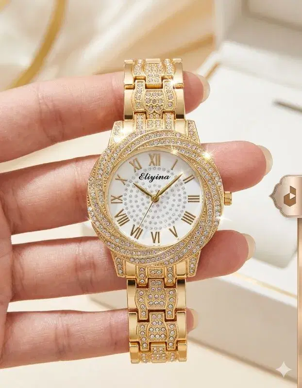 Eliyina Luxury Gold-Plated Diamond Studded White & Golden Dial Quartz Watch for Women - Elegant Roman Numeral Dial with Crystal Bezel