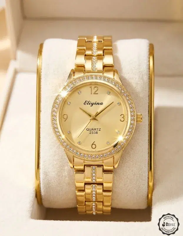 Eliyina Women Watch - Golden Stainless Steel - Golden & White Dial Luxury Watch for Girls - Diamond Stone Watch