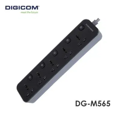 Digicom DG-M565 surge protector power strip with five universal sockets.