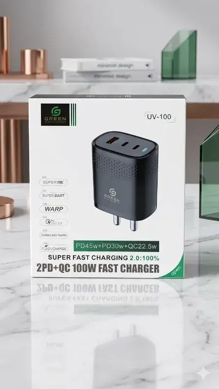 Green brand UV-100 model 100W fast charger featuring two USB-C ports and one USB-A port.