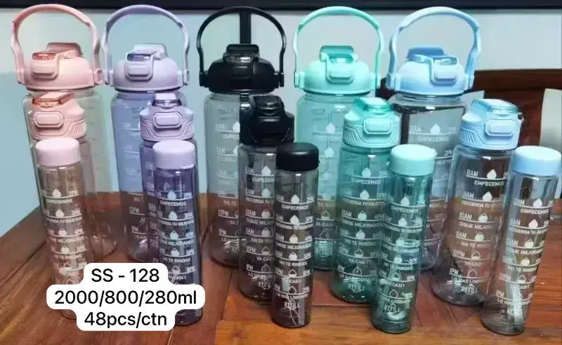 3 BPA-free plastic water bottles in capacities of 2000ml, 800ml, and 280ml featuring motivational time markers.