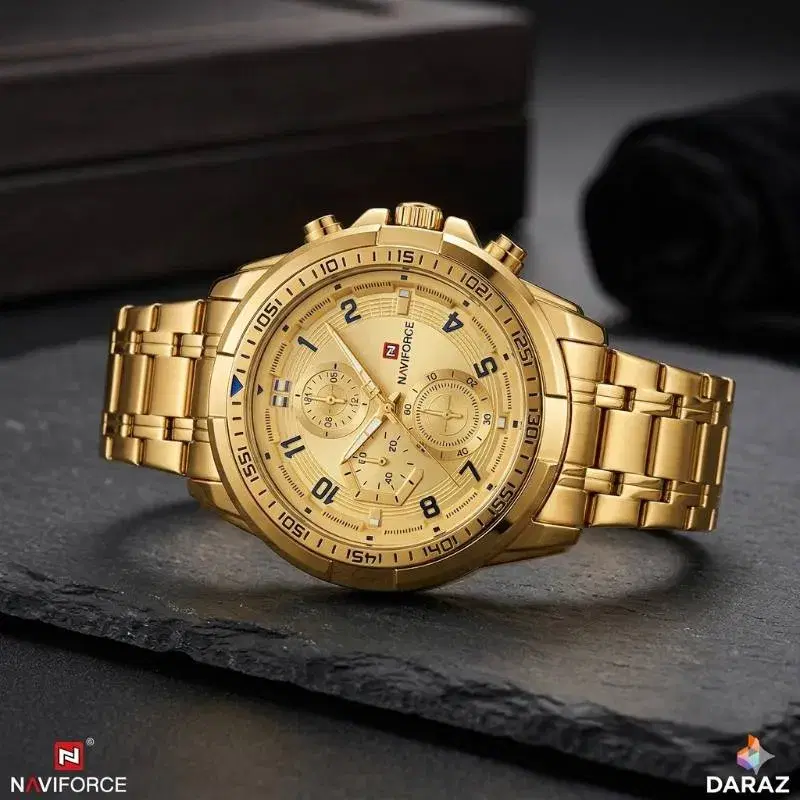 Stainless Steel Full Golden Color Chronograph Design Round Shape Waterproof Quartz Watch For Men