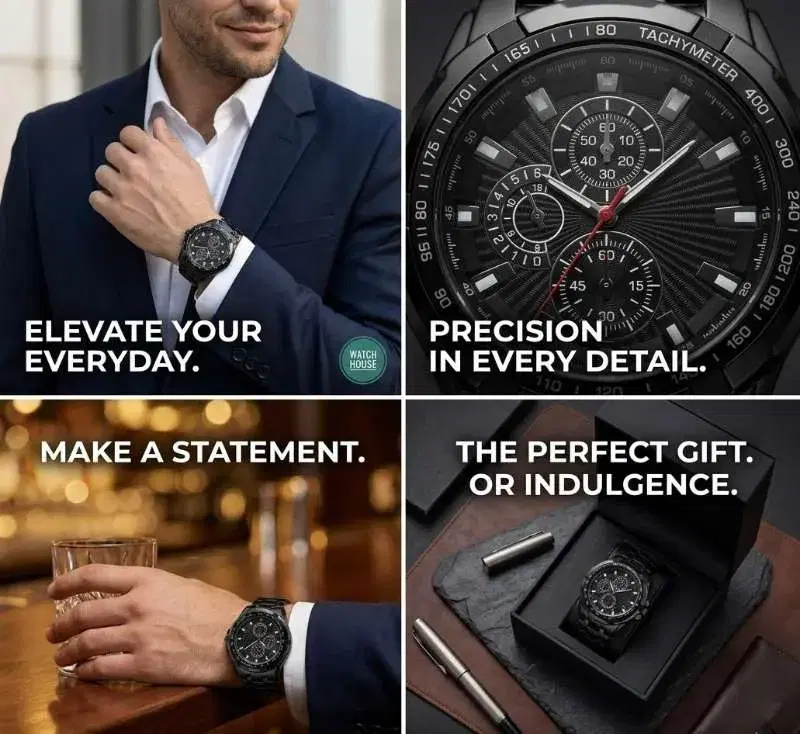 Stainless Steel Full Black Round Shape Chronograph Design Quartz Watch For Men