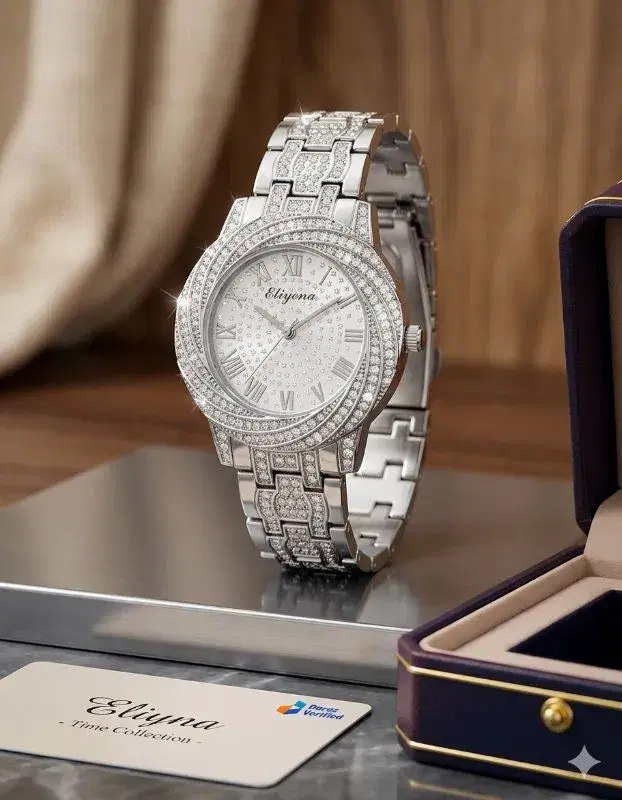 Eliyena Luxury Silver Watch for Women – Full Shiny Stone Design