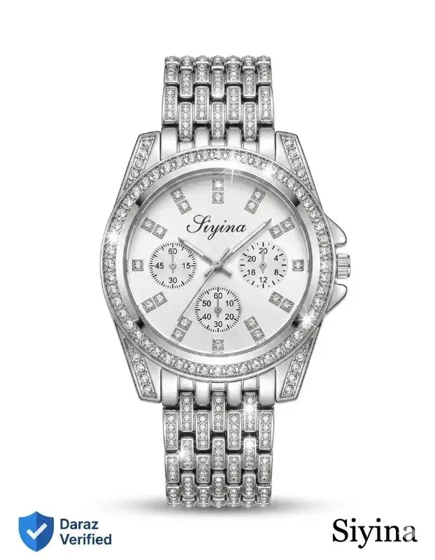 Siyina Luxury Full Stone Silver Watch for Women – Premium Shiny Design Stainless Steel Round Shape And Bangel Design