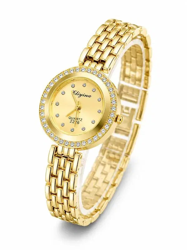 Stainless Steel Round Shape Ice Coted Bangel Design Golden Color Stylish And Fashionable Watch For Women