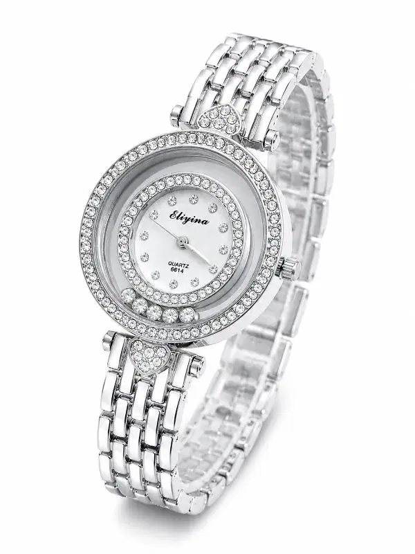 Eliyina Luxury Silver Watch for Women Stainless Steel Round Shape Stone Coted Stylish Watch For Women