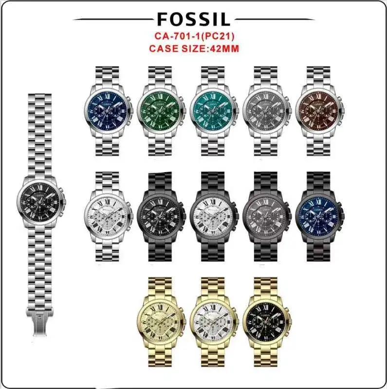 Fossil Grant chronograph watch featuring a gold-tone stainless steel bracelet and a black dial with Roman numerals.