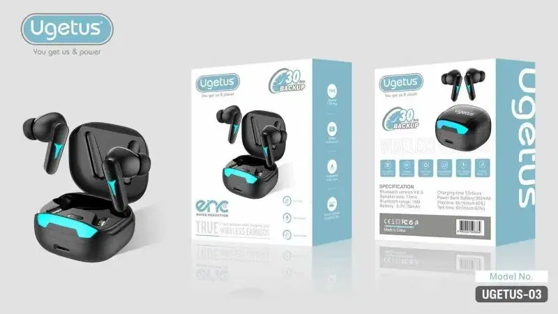 Ugetus-03 True Wireless Earbuds, which are marketed as 30-hour backup wireless earbuds with noise reduction
