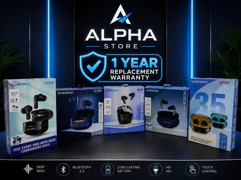 Neonix brand wireless earbuds shown in multiple models, including Magic, Victory, Nova, and Orbit, featuring a 1-year replacement warranty
