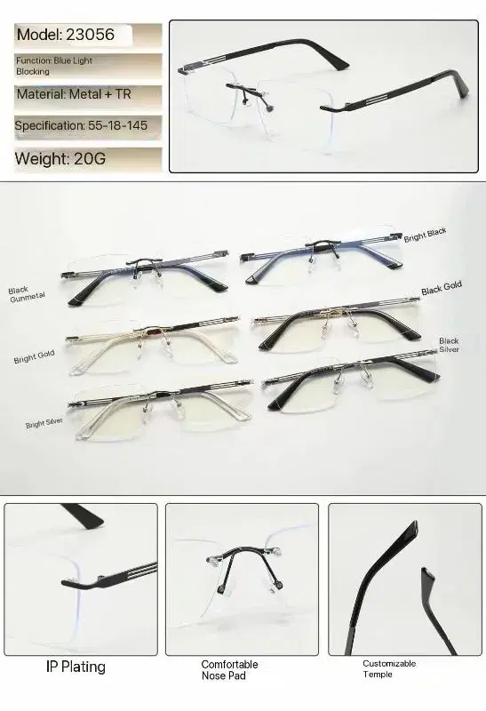 glasses featuring a metal and TR material frame with blue light blocking lenses.