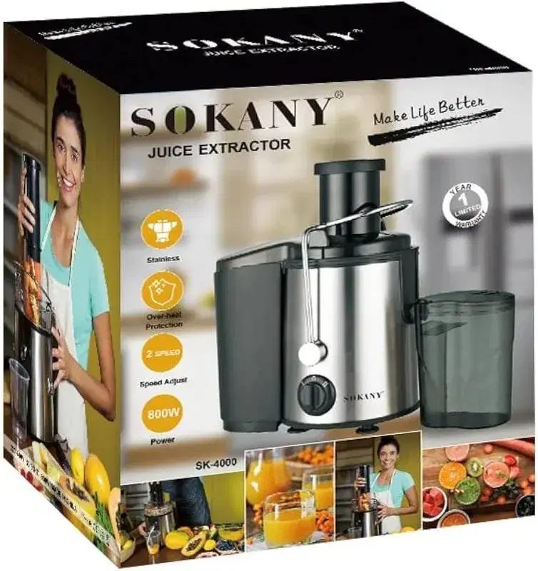 SOKANY SK-4000, 800W Stainless Steel Juicer For Fruit And Vegetables With Large 65mm Filling Hole, 450ml Juice Container And 2 Speed Levels, Black