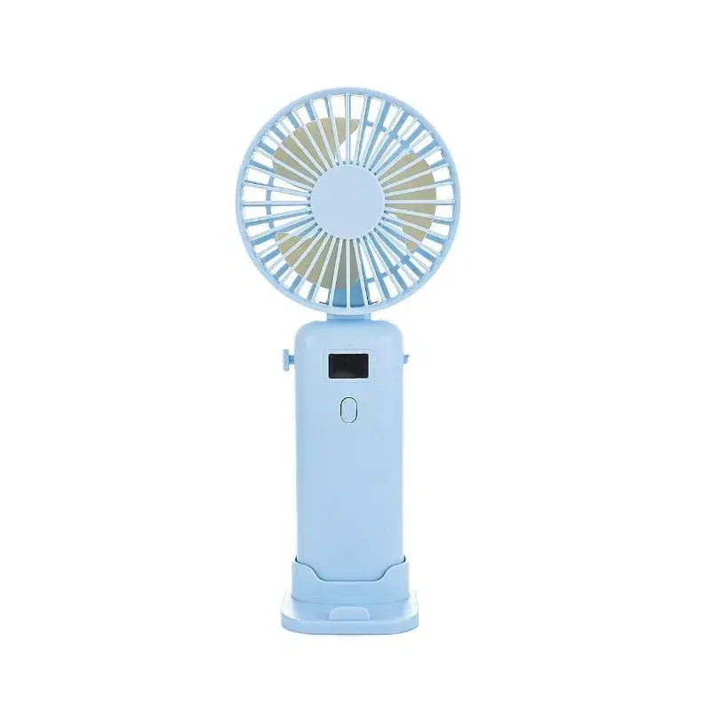 light blue, foldable mini handheld fan that features a digital battery display
